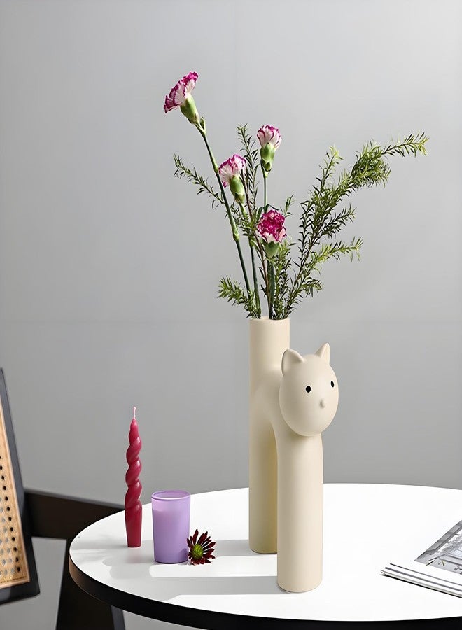GeLive Cat Ceramic Vase Kitty Bud Vase Waterproof Flower Vase Plant Holder, Handmade Artistic Table Centerpieces Home Decor for Cat Lovers, Unique Gift Idea (Cream White) - Image 1